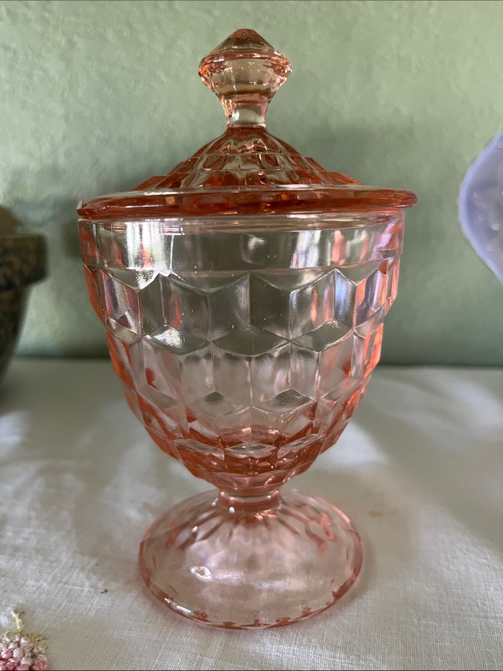 Jeannette Cube Pink Depression Glass Candy Jar Lid Vintage Pedestal Dish